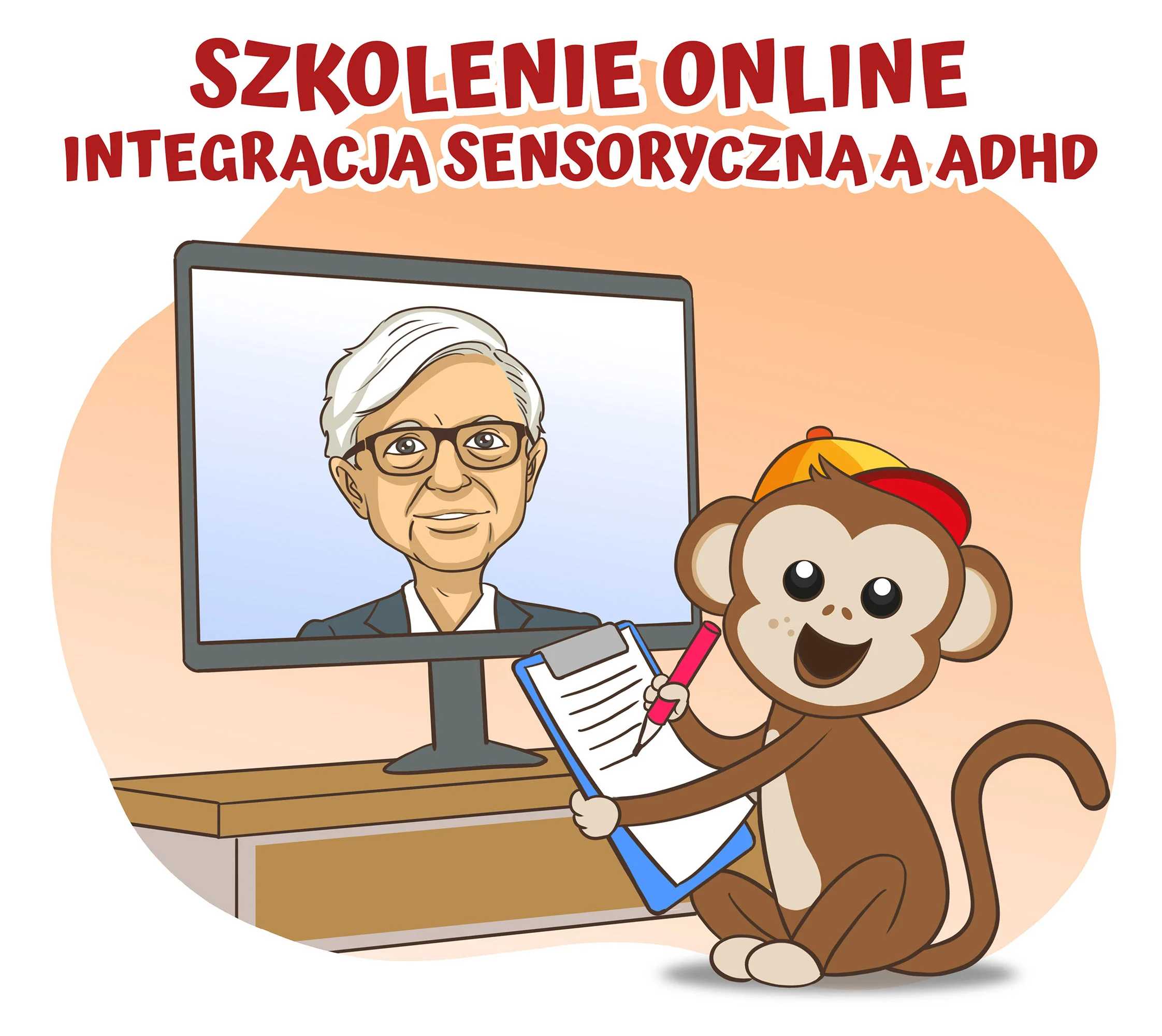 Szkolenie online: Integracja Sensoryczna a ADHD — kafelek z karykaturą Zbigniewa Przyrowskiego i maskotką Sensum