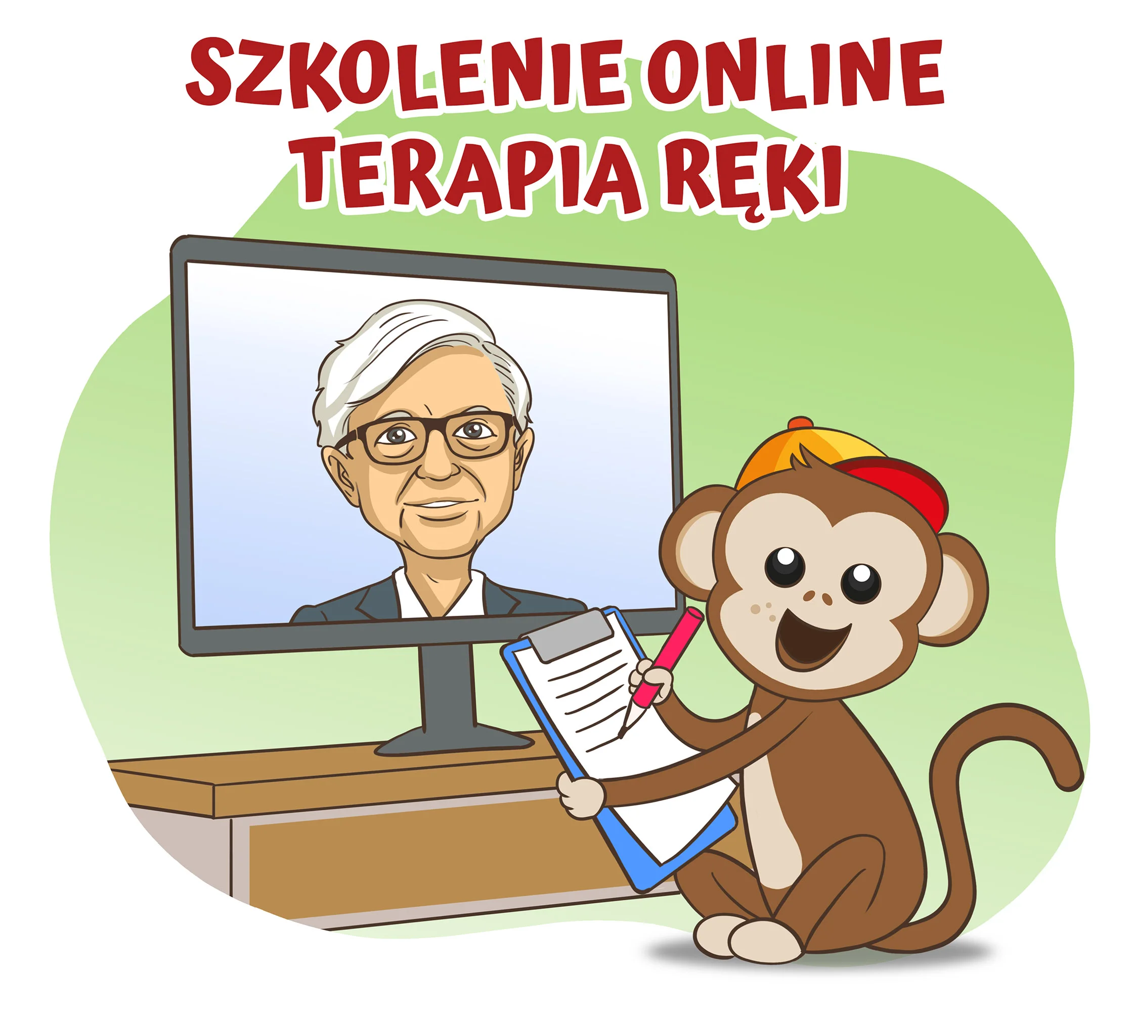 Szkolenie online: Terapia Ręki — kafelek z karykaturą Zbigniewa Przyrowskiego i maskotką Sensum